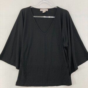 Silk Assets Top Large Black V Neck Flare Sleeve Stretch Knit Elegant Minimalist